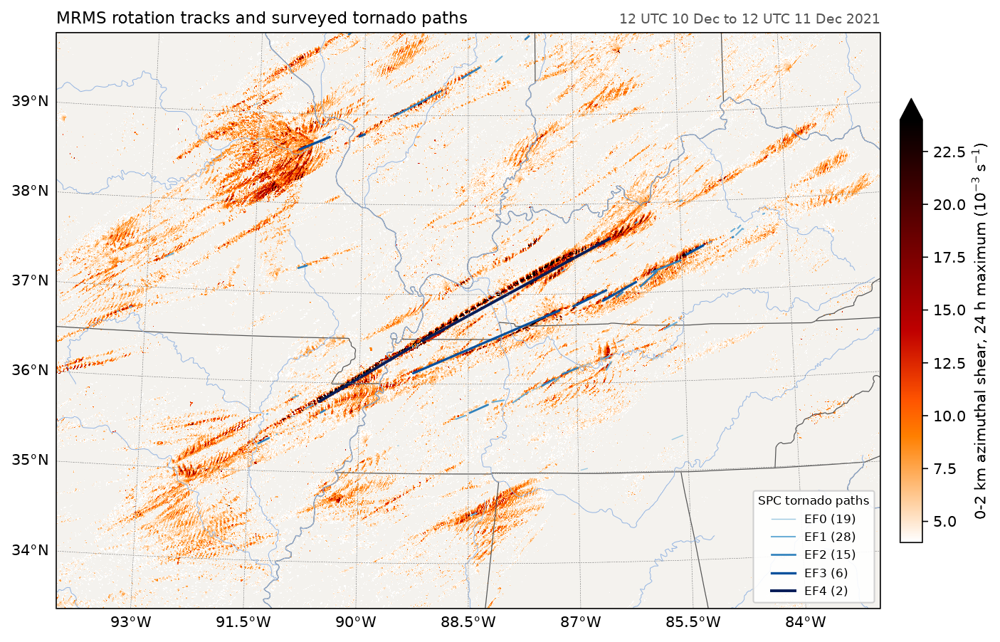 MRMS rotation tracks and surveyed tornado paths, 10-11 December 2021